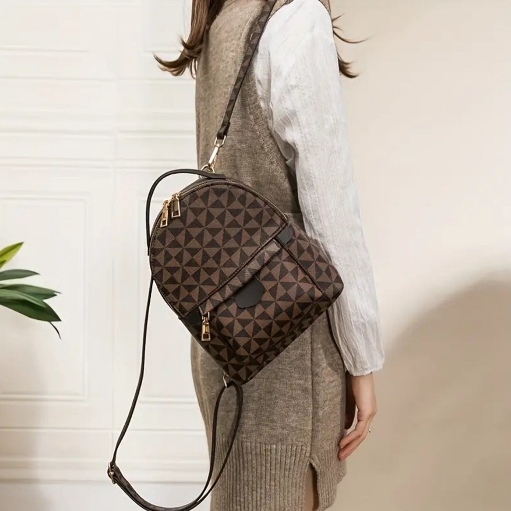 Brown Retro Geometric Pattern Structured Backpack - image 3